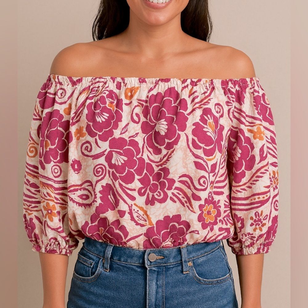 Nicole Miller Women's Boho Floral Peasant Blouse, Cottage, Pink, Size Small